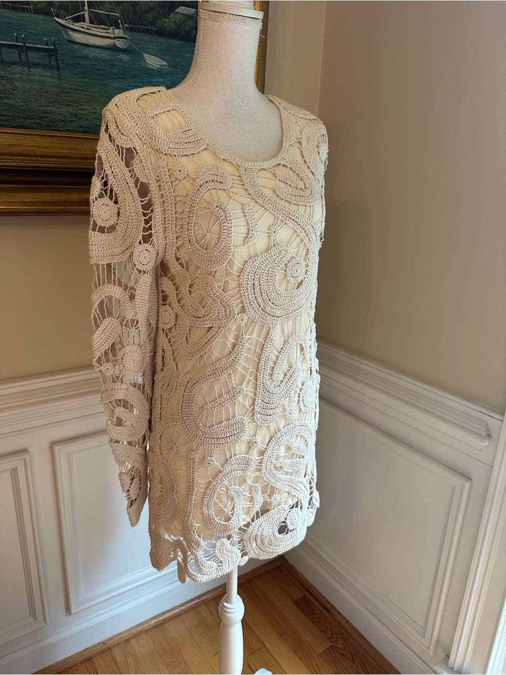 COMMENSE Cream Ecru Crochet Long Sleeve Mini Dress NWT - Picture 9 of 11